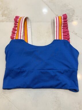 Women’s Blue Tank Top with Pink Ruffle-Strap Accent